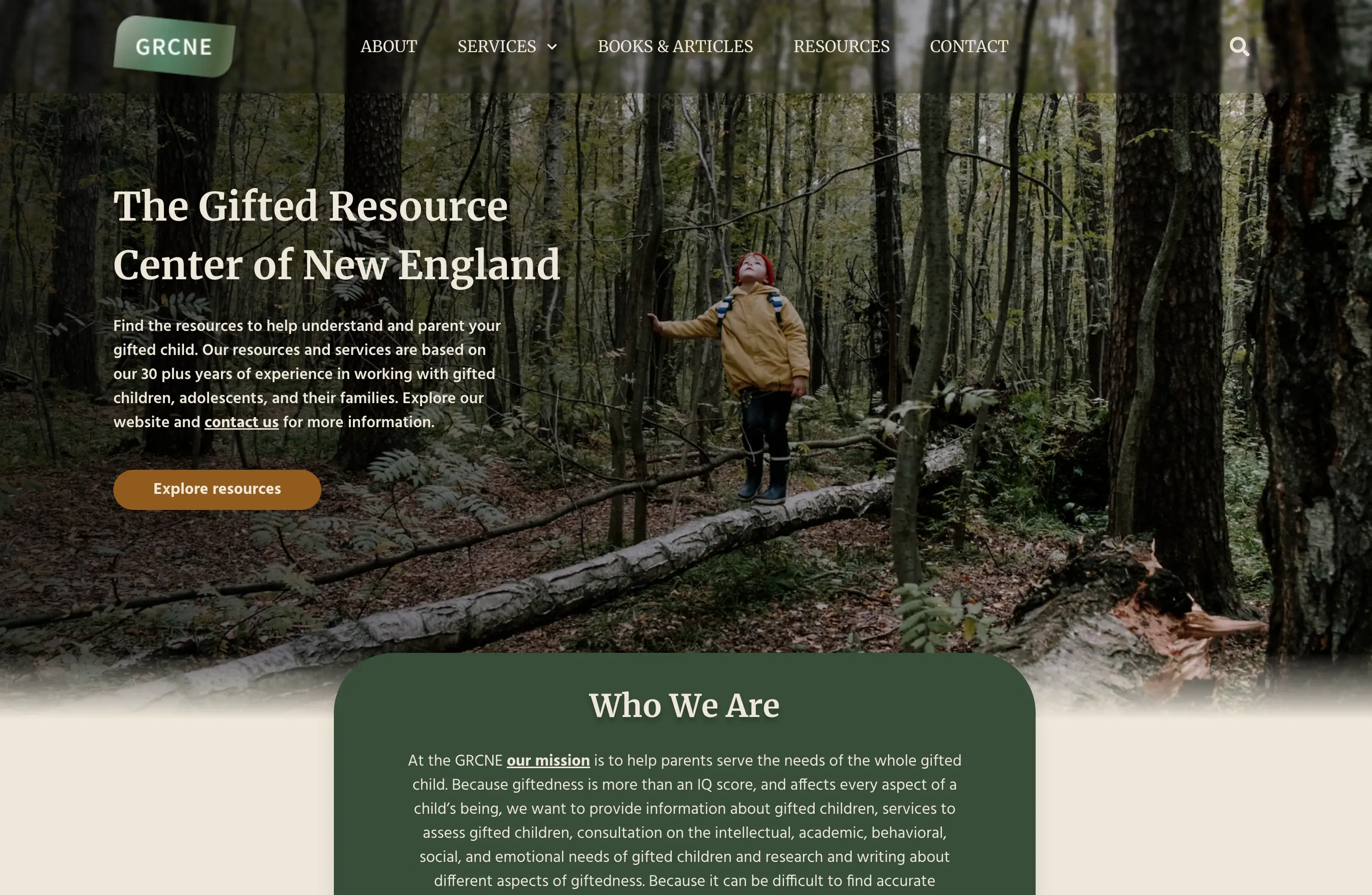 Landing page of the Gifted Resource Center of New England