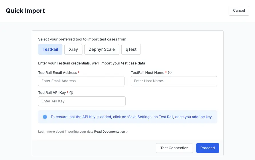 Enter the required fields to perform TestRail data import