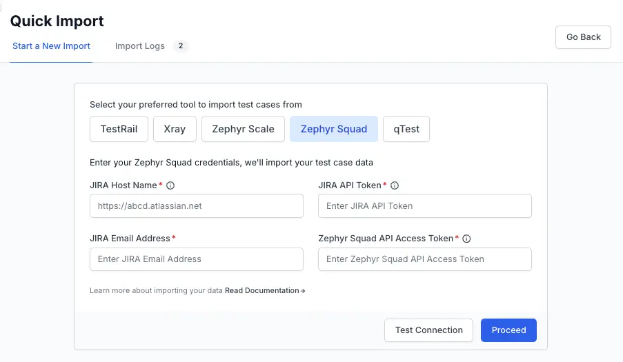 Enter the required fields to perform Zephyr Squad data import
