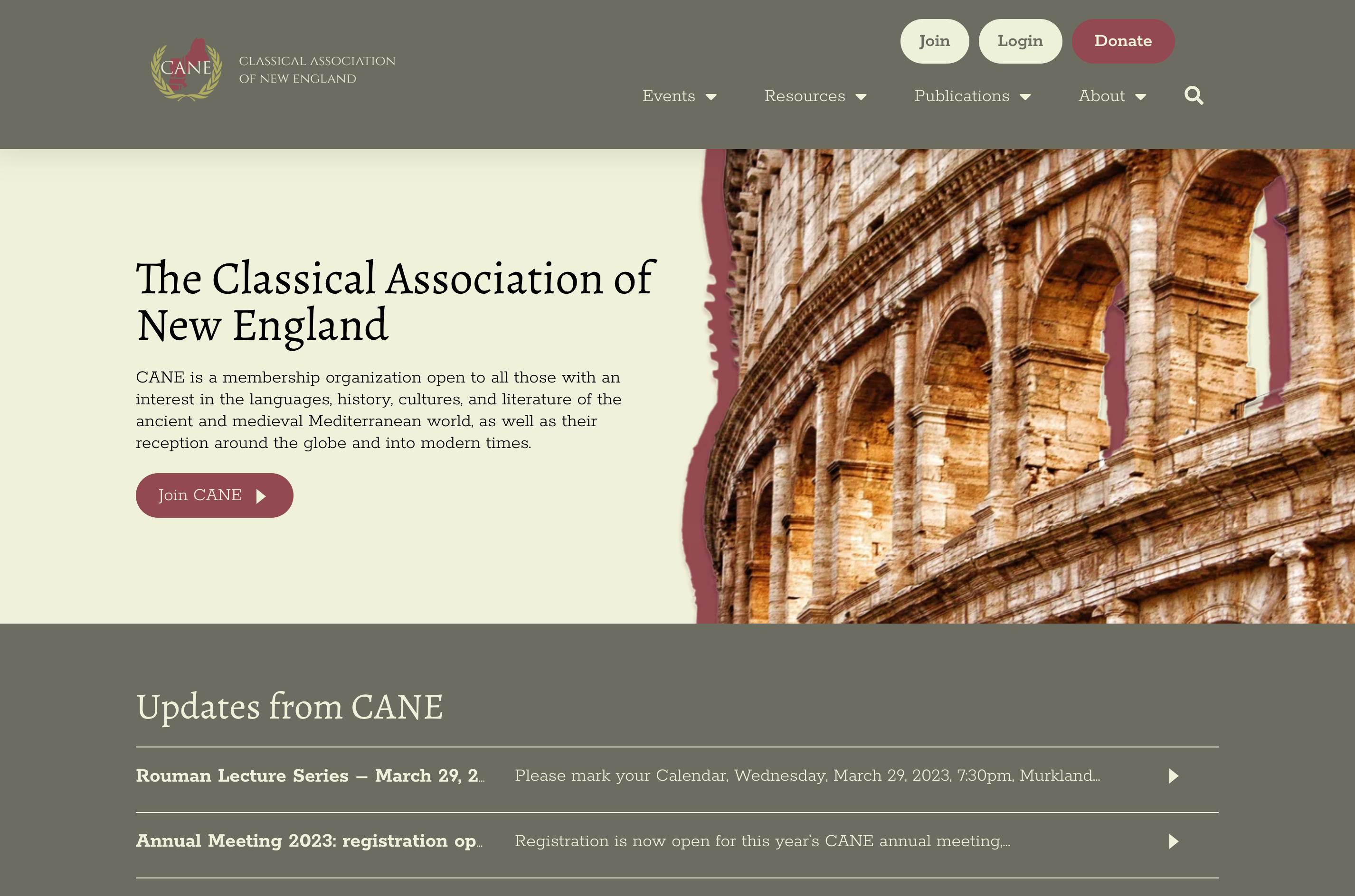 Landing page of the Classical Association of New England
